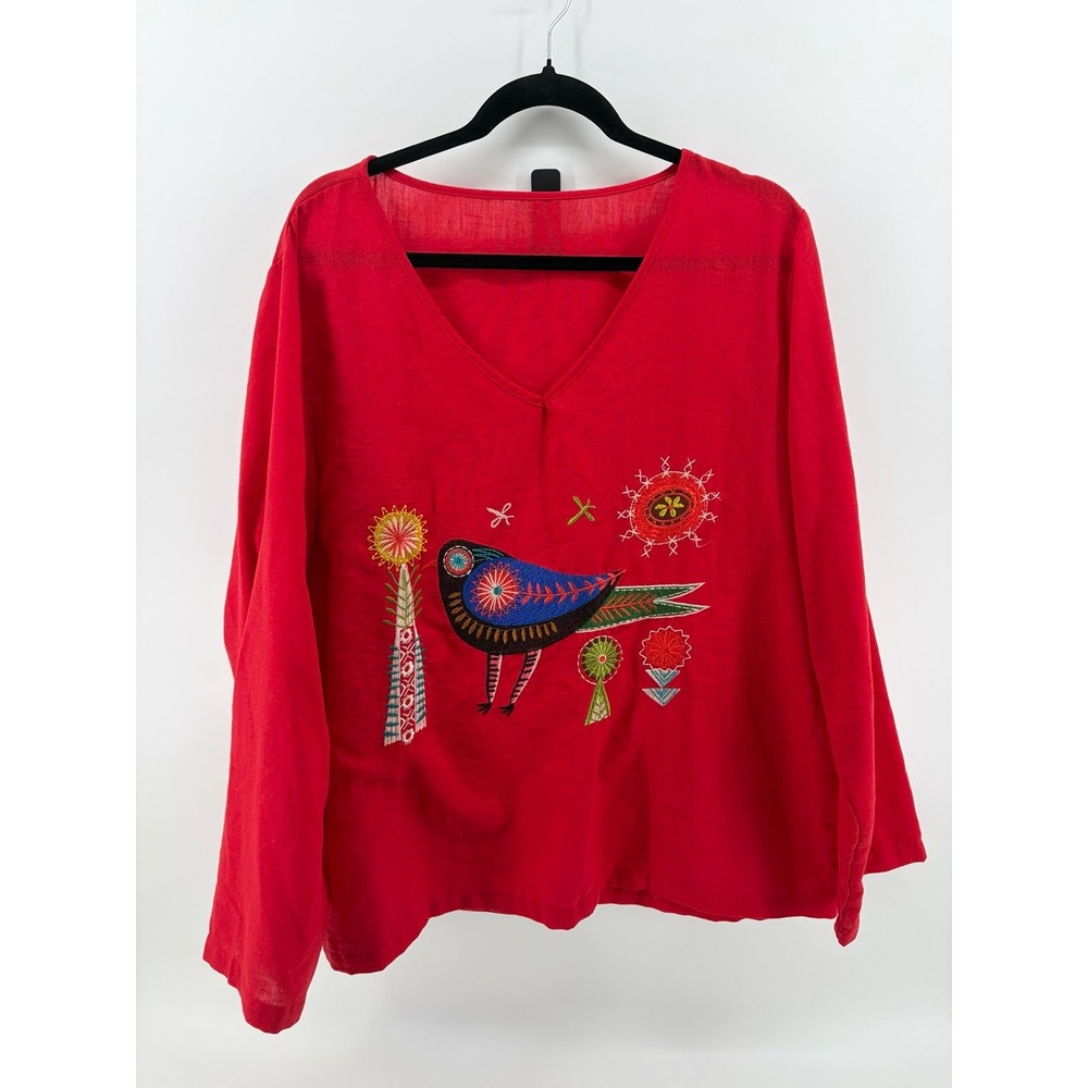 Scacto Layered Embroidery V-Neck Blouse Loose Fit Folk Top, Women's Size XL